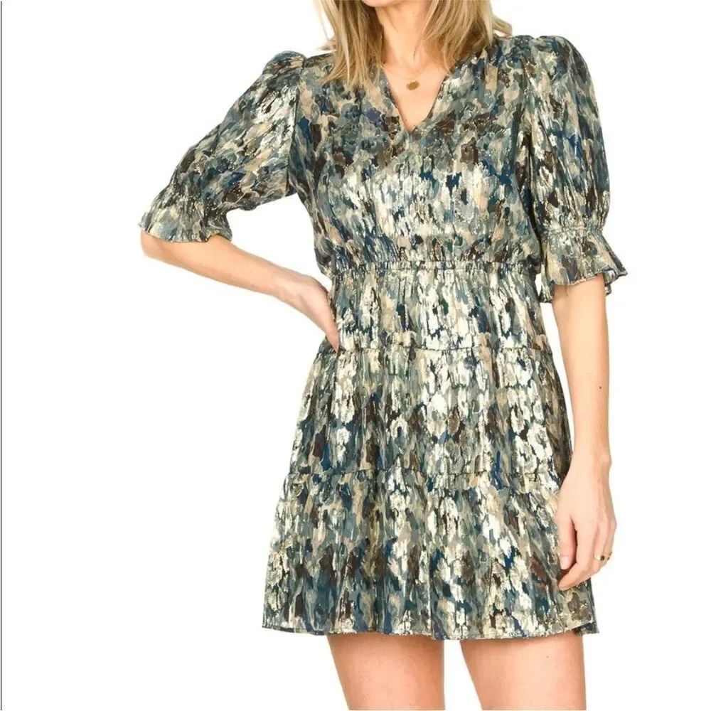Ba&sh Gloria Mini Dress Silk Lurex color Teal Blue Gold Sz Large